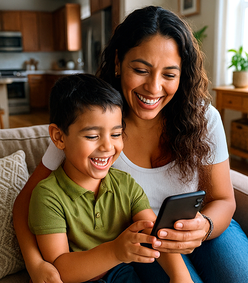 Madre e hijo usando un celular